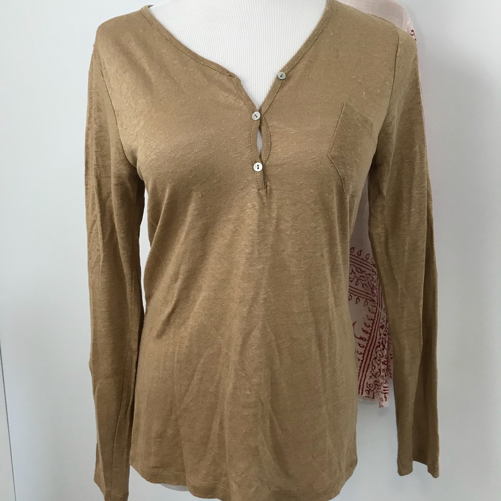 Zara Button V Neck Slub Long Sleeved Tee Shirt